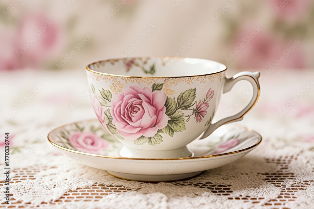 Fototapeta premium Vintage Floral Pattern: Antique porcelain teacup with roses on lace tablecloth 