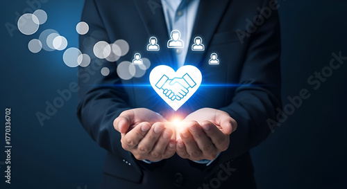 Businessman holding glowing heart with handshake and people icons