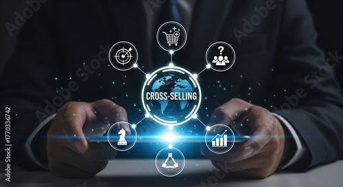 Businessman Illustrating Cross- Selling Concept with Icons