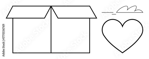 Open box with a heart and small cloud, symbolizing charity, sharing, creativity, emotional expression, freedom, kindness, and gratitude. Ideal for donation love delivery or care simple flat