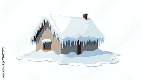 Small wooden hut covered with thick snow and icicles, ice sheet on rooftop, winter landscape concept