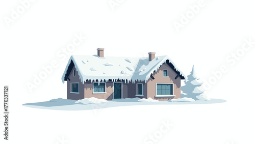 Wide house in snow landscape with frozen roof edges, ice sheet on rooftop, peaceful winter concept