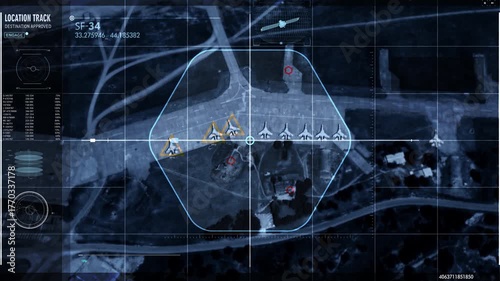Military Air Base Location Tracking By Modern Radar Analysis System Software. Position Data Analysis Spy Operation In Radar Surveillance System. Advanced Radar Analysis System Ui. Army Technology