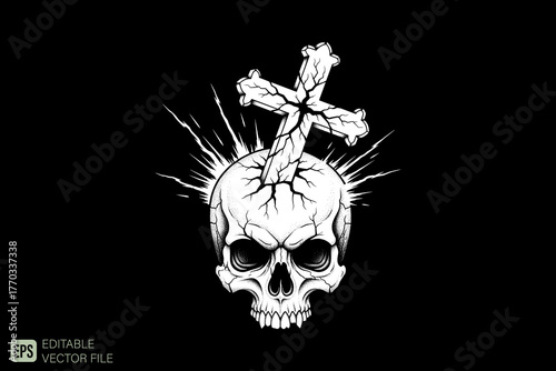 Skull with Cross and Cracks on Black Background.