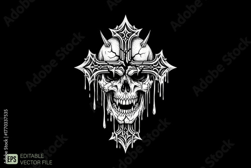 Gothic Skull and Cross Design with Dripping Blood Effect.