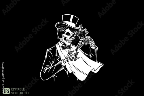 Elegant Skeleton Magician with Top Hat and Bow Tie Performing Tr