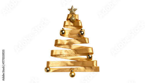 Minimalist Christmas tree made of golden ribbons and ornaments, isolated on transparent background, elegant holiday design, PNG