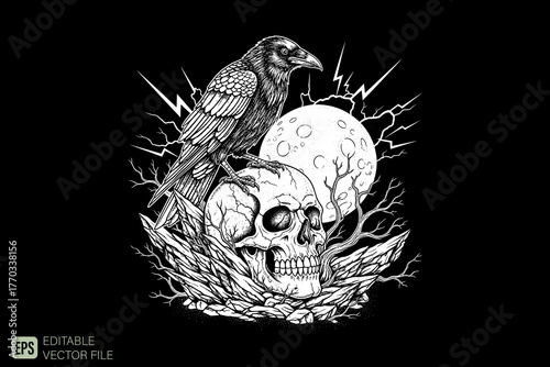 Raven Perched on Skull with Full Moon and Lightning.