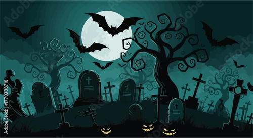 Eerie Halloween graveyard scene at night with a bright full moon, silhouetted bats, ancient tombstones, and spooky twisted trees creating a creepy atmosphere for a festive design