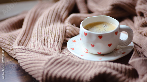 a cup of coffee, cozy background, cozy home, cozy autumn, flatlay