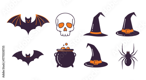 A collection of Halloween-themed vector illustrations featuring spooky bats, mystical witch hats, a bubbling cauldron, a menacing skull, and a creepy spider, perfect for festive designs