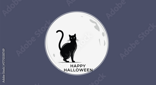Happy Halloween black cat silhouette on a full moon illustration with text