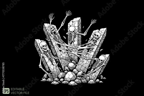 Skeletons Emerging from Ancient Stone Monoliths in a Macabre Gra