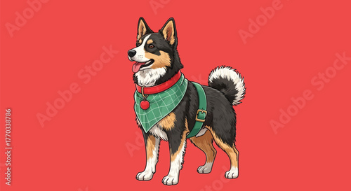 A charming tricolor Shiba Inu dog illustration, standing proudly with a festive green bandana and red collar on a vibrant red background