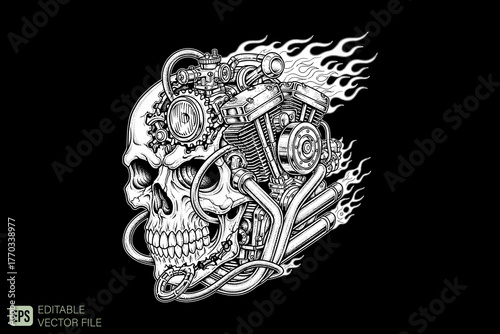 Skull with Motorcycle Engine and Flames Illustration.