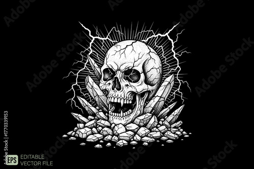 Screaming Skull with Sharp Teeth and Lightning Bolts.