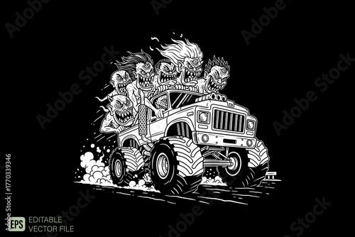 Monochrome Monster Truck with Flaming Skulls and Spooky Figures.
