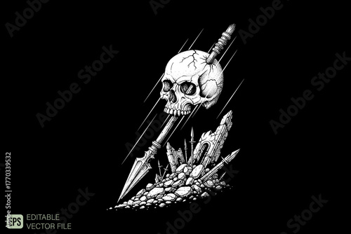 Grayscale Skull Impaled by Spear with Rocks and Debris.