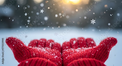 Hands in red mittens catching snowflakes