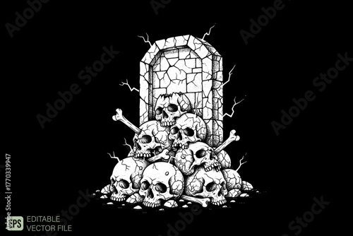 Pile of Skulls and Bones with Gravestone Halloween Theme.
