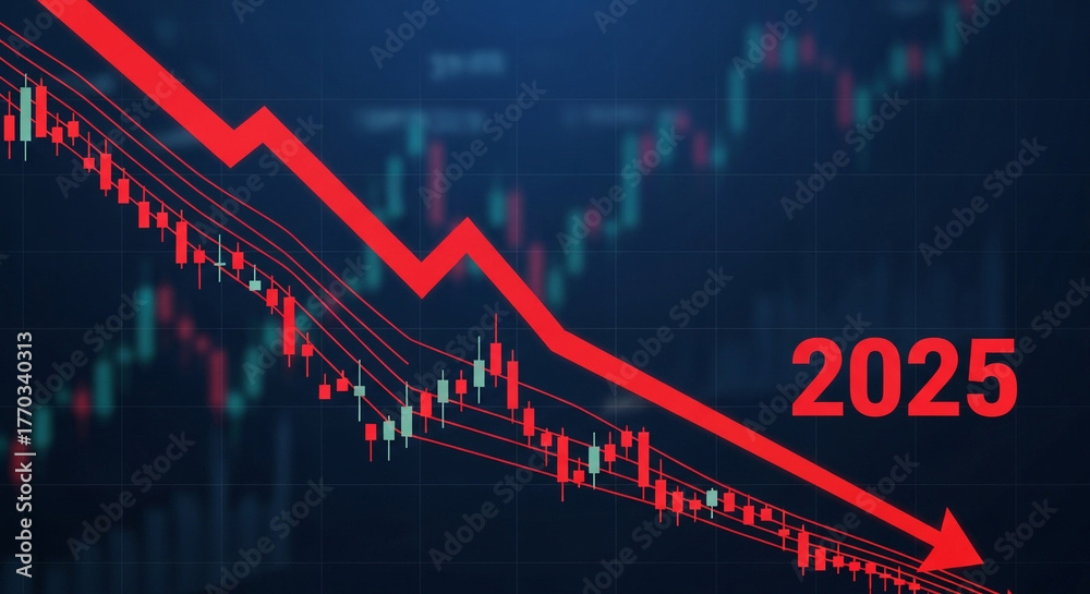 Fototapeta premium Dramatic red arrow plunges downward on stock chart with 2025 indicating financial crisis, recession, and market crash.