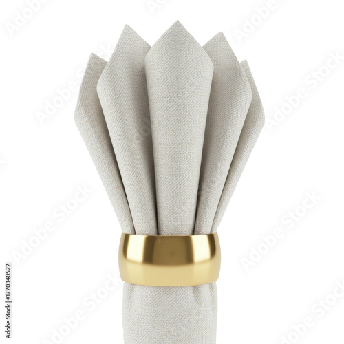 Elegant presentation of a meticulously folded off-white napkin with a radiant gold ring on an
