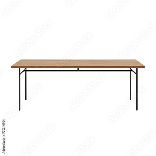 Minimalist wooden table with streamlined metal legs on transparent backdrop isolated
