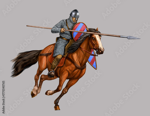 Mounted Norman warrior charging. Battle of Hastings. Illustration featuring a medieval knight.	
