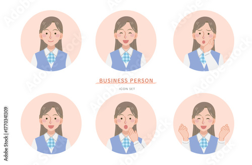 事務員女性の様々な表情のアイコンセット