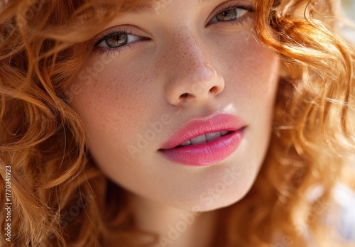 a close-up of the face and curly hair of an average-looking woman, with red lipstick, talking to the camera