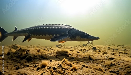 Wallpaper Mural Sturgeon swimming gracefully in clear freshwater river habitat. Torontodigital.ca