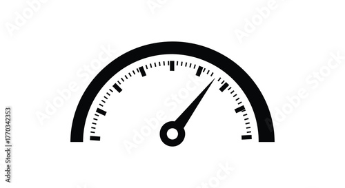 A simple black silhouette of a speedometer or gauge with a needle pointing upwards on a white background silhouette