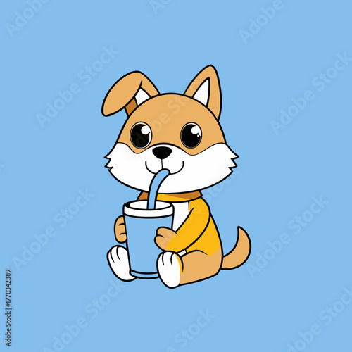 Cute cartoon dog sips a refreshing drink from a cup with a straw