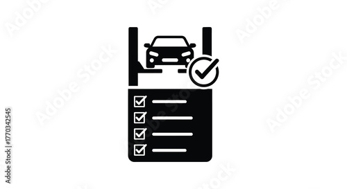 Car inspection checklist with vehicle on a lift and a completed checkmark in a silhouette style