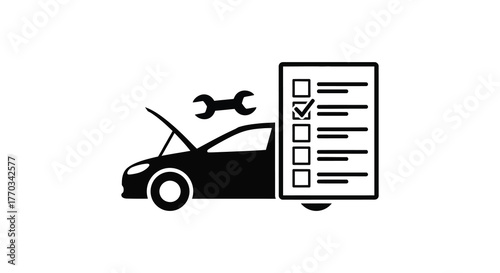 Automotive repair checklist and tools silhouette next to an open car hood indicating vehicle maintenance and service silhouette