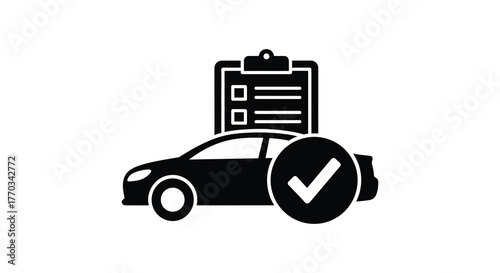 Black silhouette of a car with a checklist on a clipboard and a large checkmark in a circle signifying approval or completion silhouette