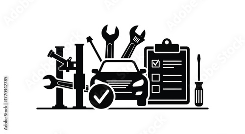 Automotive service and repair concept with car tools checklist and lift in a distinctive silhouette style