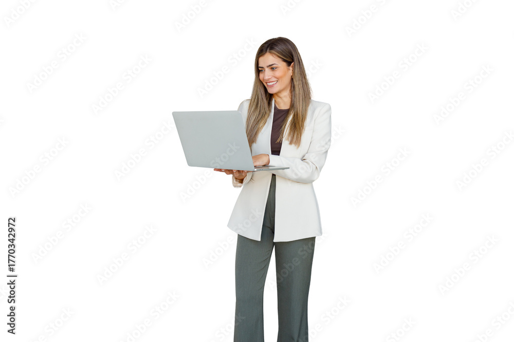 Fototapeta premium Businesswoman standing, smiling and working on laptop, presenting business solutions, transparent background