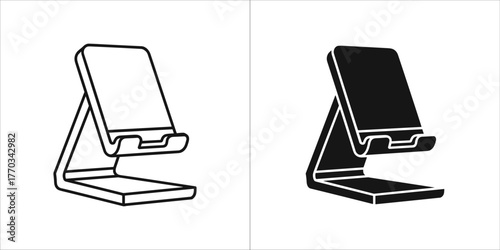 Smartphone stand, black and white outline and solid icon
