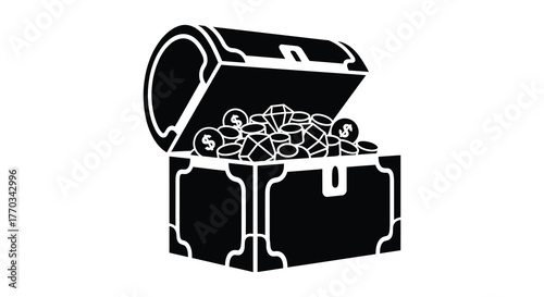 Open treasure chest overflowing with gold coins and jewels a classic pirate symbol in silhouette