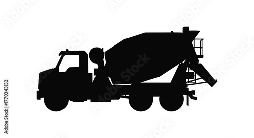 A black silhouette of a concrete mixer truck on a white background representing construction and industry silhouette