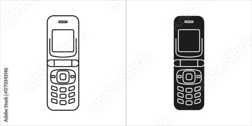 Two flip phones, one outlined and one solid black