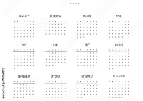 Minimalist Annual Calendar 2026 Template PNG with Transparent Background