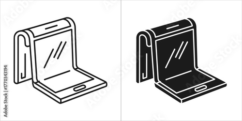 Foldable smartphone icon, outlined and solid black, in an open position