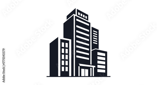 Modern tall office building complex with multiple towers and entrance in a stark black and white silhouette