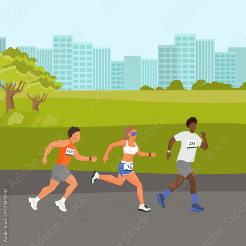 Race participants running in city park marathon event