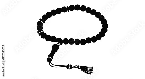 A black silhouette of a muslim prayer bead mala or tasbih with a tassel on a white background silhouette