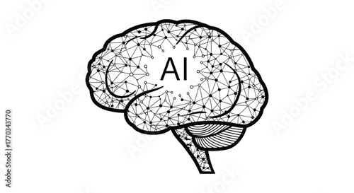 Abstract illustration of a human brain silhouette with ai text and interconnected neural network patterns silhouette