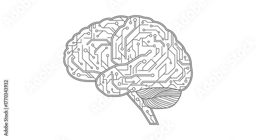 Stylized silhouette of a human brain formed by intricate electronic circuit board pathways and components silhouette