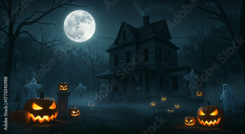 halloween spoooky night scene with pumpkin decorations and full moon night sky, generative ai, illustration
